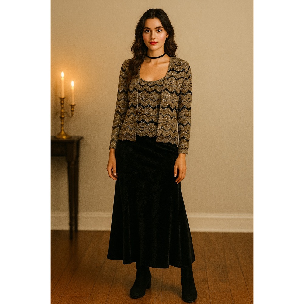 Vintage R&M Richard's Top Womens Large Black Gold Lace Sparkle Formal Festive